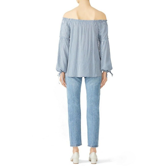 Flynn Skye Bobby Top Women XS Blue Plaid Off The Shoulder Crepe Blouse Shirt - Picture 2 of 11